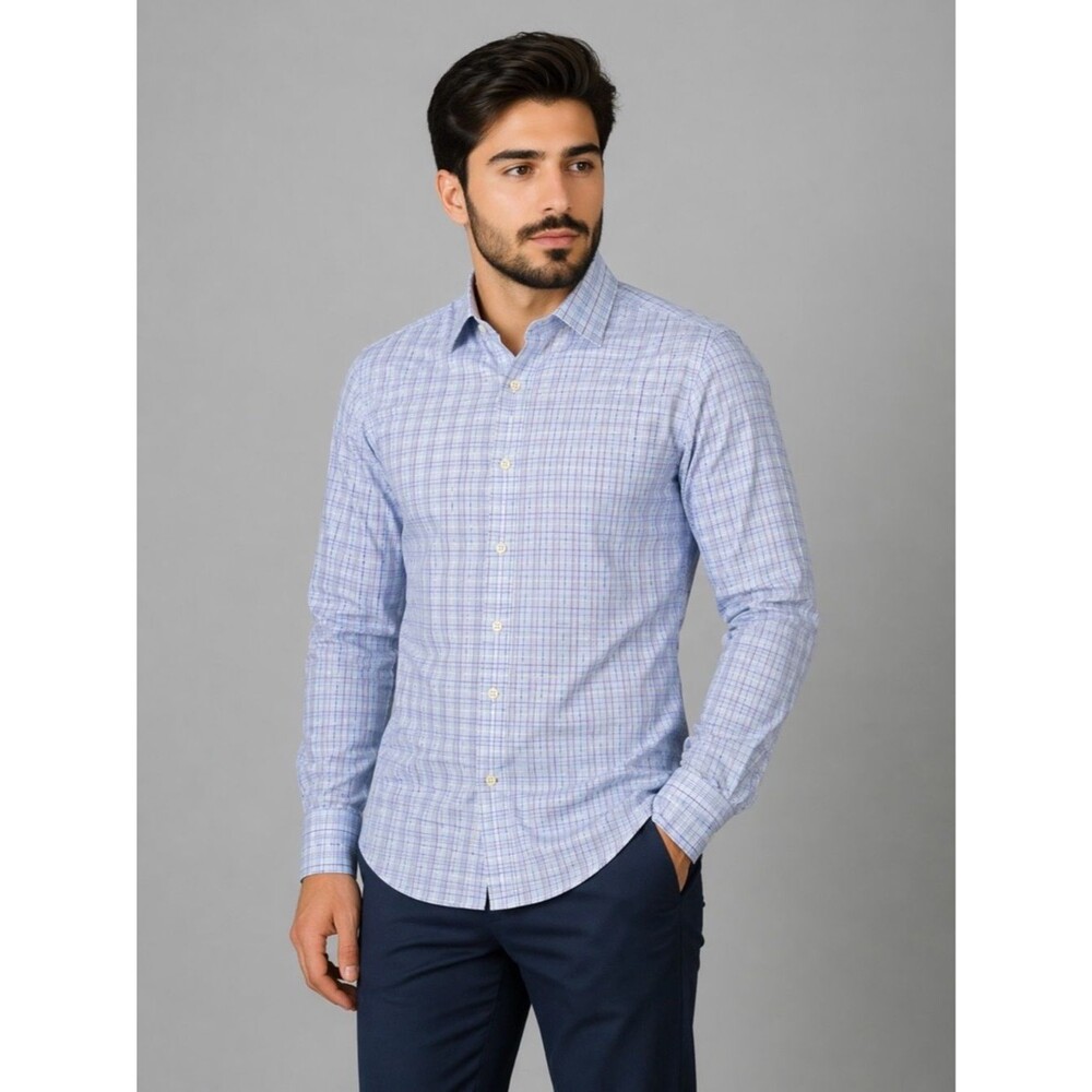Banana Republic Mens Large Blue Plaid Button Up Shirt Slim Fit Non-Iron Tailored